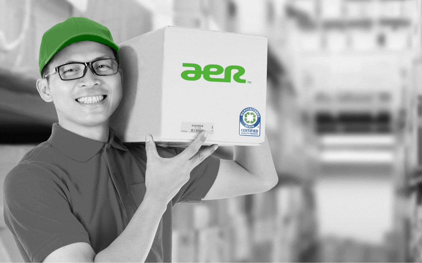 Manufactured Again Certified company logos scrolling on a box.
